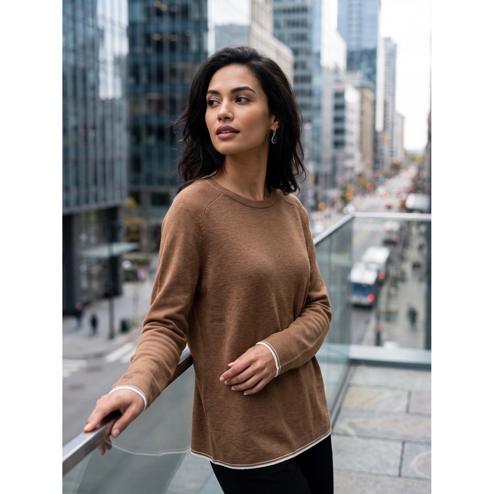 Massimo Dutti Extrafine Cotton Brown Crewneck Sweater Contrast Trim Size L